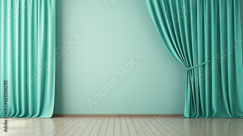Pastel teal green blank wall in room with coloured silk drapes.