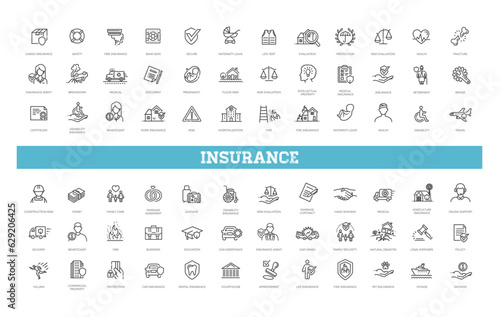 Insurance Icon Thin Line Set Support Services