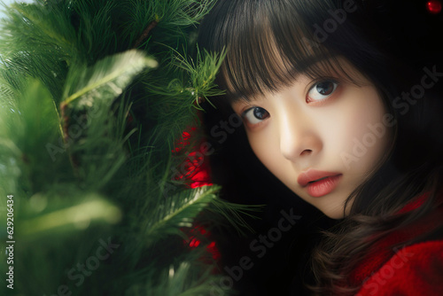 Young Japanese woman near Christmas tree. Winter beauty portrait.
