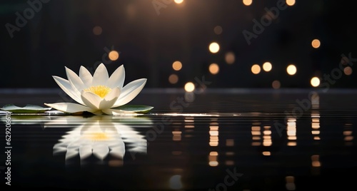 White water lily with lights in the background with sparkling