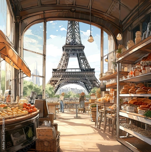 Animated illustration of a bakery with a view of the Eiffel tower © Adi