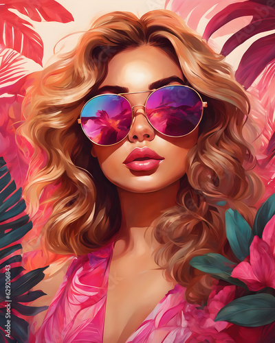 woman with sunglasses and flowers tropical