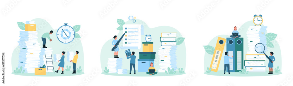 Paperwork, bureaucracy set vector illustration. Cartoon tiny people research business information with magnifying glass, carry big stacks and piles of paper documents for analysis and organization