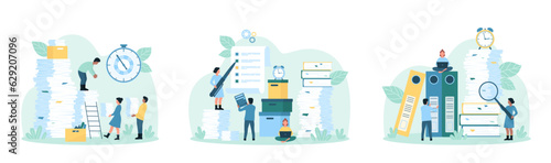 Paperwork, bureaucracy set vector illustration. Cartoon tiny people research business information with magnifying glass, carry big stacks and piles of paper documents for analysis and organization