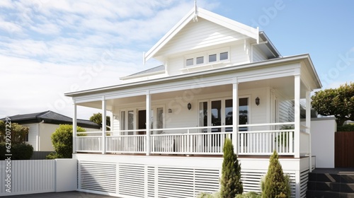 Beautiful exterior of newly built luxury home. Yard with green grass and walkway lead to ornately designed covered porch and front entrance