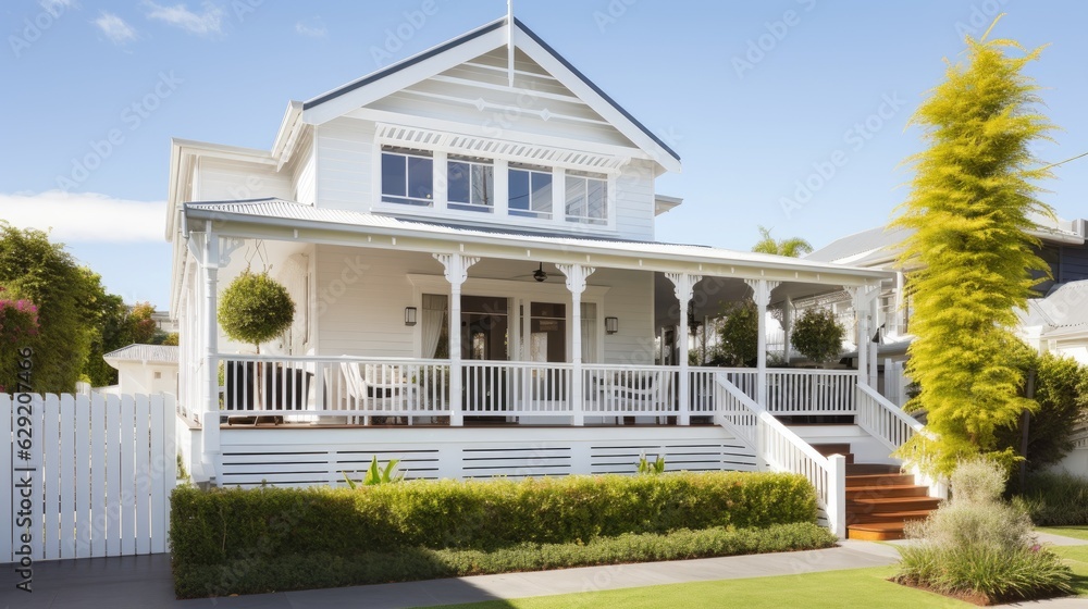 Beautiful exterior of newly built luxury home. Yard with green grass and walkway lead to ornately designed covered porch and front entrance Beautiful exterior of newly built luxury home. Yard with green grass and walkway lead to ornately designed covered porch and front entrance