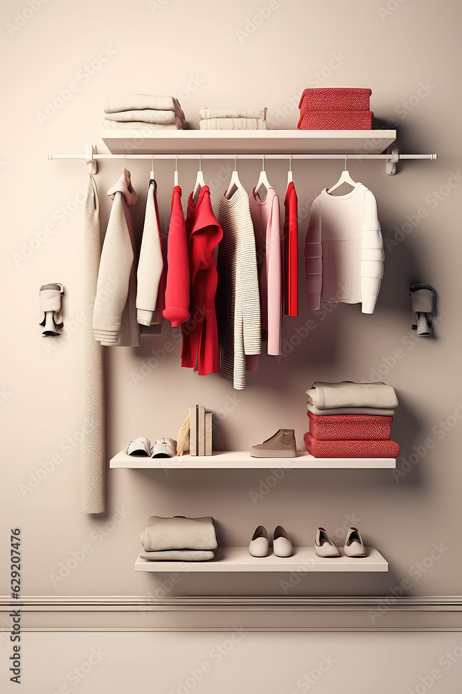 Minimalistic women's closet against a simple pastel colored wall. Vertical story format, creative concept of classic women's closet with hangers. Minimalistic women's closet against a simple pastel colored wall. Vertical story format, creative concept of classic women's closet with hangers.