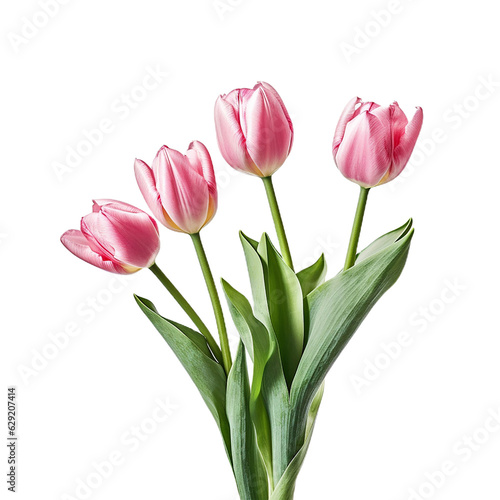  Group of pink tulips isolated cutout on transparent background, generative ai

