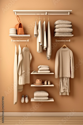 Minimalistic women's closet against a simple pastel colored wall. Vertical story format, creative concept of classic women's closet with hangers. © IndigoElf