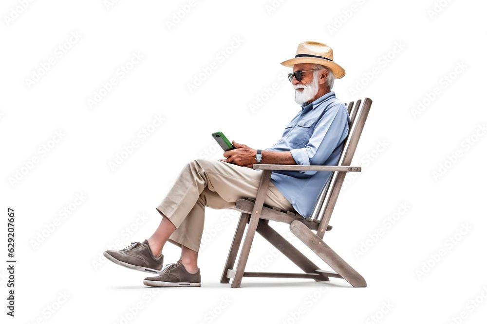 Mature male tourist sitting on a beach chair with a smartphone. an old man wearing beach clothes. Isolated on white background. Generated AI 