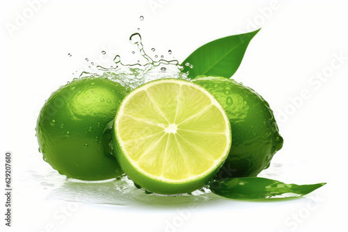 Fresh lime Isolated with sliced and green leaves on white background , Created with Generative Ai Technology