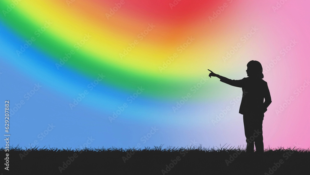 silhouette of a girl pointing toward a rainbow in the background with space to write your text silhouette of a girl pointing toward a rainbow in the background with space to write your text