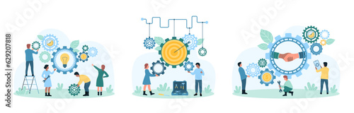 Business partnership, teamwork and business process control set vector illustration. Cartoon tiny people work with automated machine with gears and wheels, partners handshake and light bulb inside