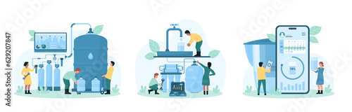 Water purification set vector illustration. Cartoon tiny people repair water treatment facility, test quality of reverse osmosis filtration, installation and inspection of huge filters by engineers
