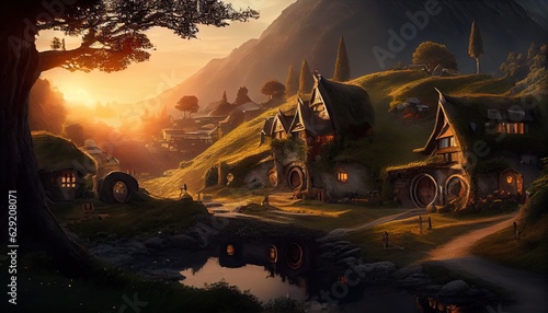 fantasy rural scene with country cottages photo