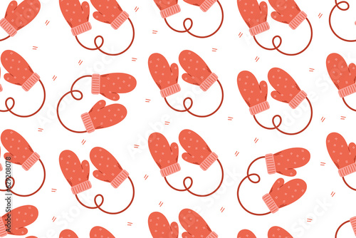Red flat winter children knitted mittens on a rope, vector seamless christmas pattern.