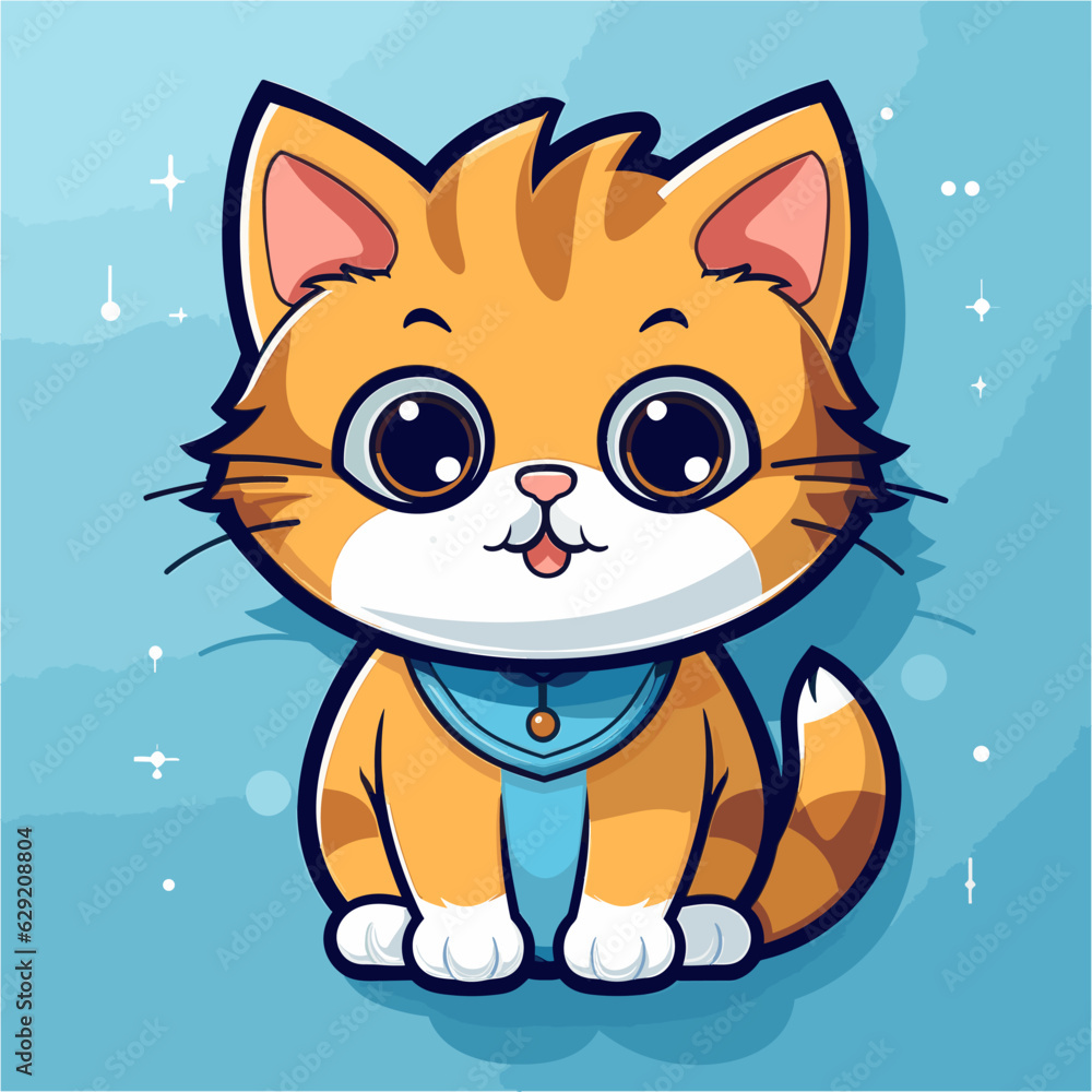 Cute cartoon cat sitting on blue background. Vector illustration for your design