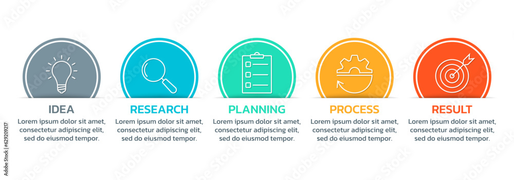 5 step infographic template. Process diagram, business presentation with modern icons and arrows. Timeline info graphic design. Five option flow chart, layout concept. Vector illustration.