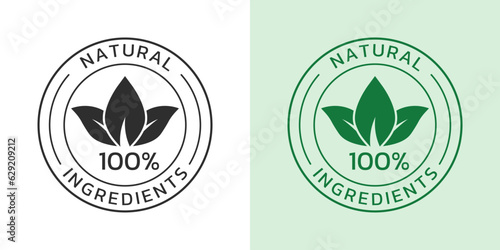 Natural ingredients icon, label or logo. Organic food, pure product seal or sticker with leaf. 100 percent natural badge or symbol. Vector illustration.