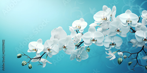 White orchid, flowering stalk close-up. Daylight, light background. White Orchid Background, generative Ai