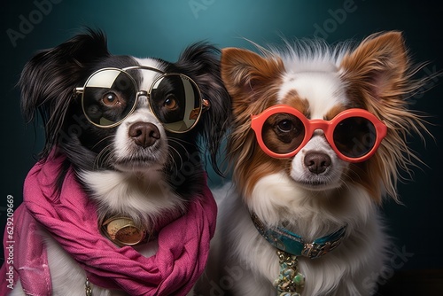 Photo of two stylish dogs posing in sunglasses and scarves created with Generative AI technology © AI Visual Vault