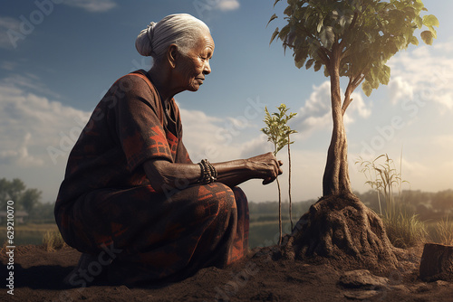 An elderly Asian woman is planting plants in her plantation. photo