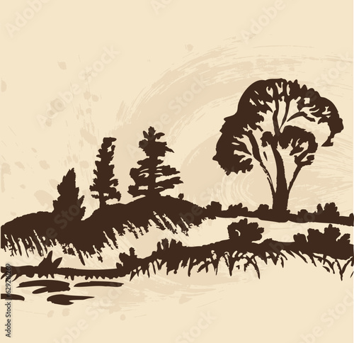 Landscape depicted in a clean and simplified vector stencil with a uniform color on a light backgroun