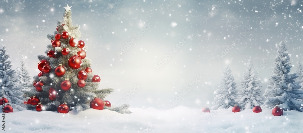 festive christmas tree in snowy forest with red balls and knitted toys, banner format, with copy space