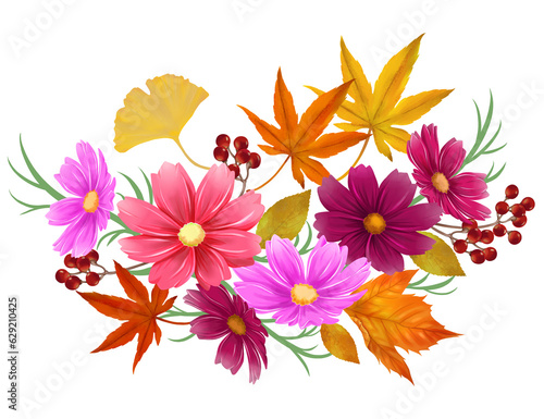 秋の素材　飾り　コスモスと紅葉と銀杏と落ち葉と赤い実 © あんもち