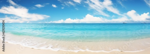 panoramic coastal paradise with white sandy beach and clear blue skies  banner format  copy space