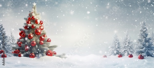 festive christmas tree in snowy forest with red balls and knitted toys, banner format, with copy space © id512