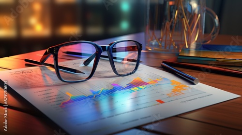 charts and glasses. Reviewing data. Financial reports and glasses. Reflection background, generative ai © WS Studio 1985