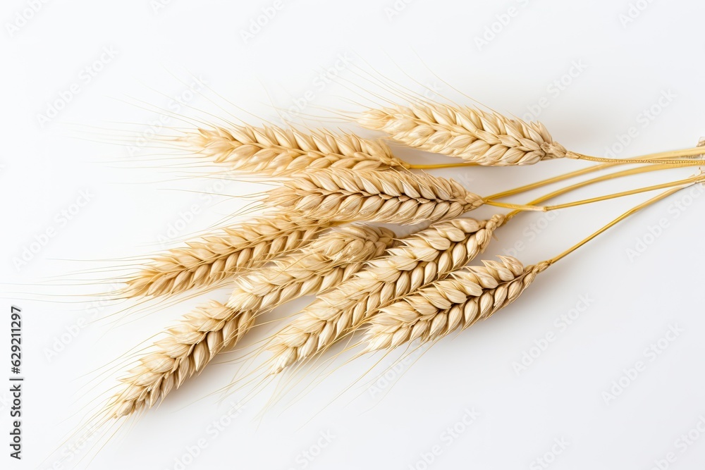 Isolated wheat ears on a white background, showcasing whole grains for illustrative purposes. Generative AI Isolated wheat ears on a white background, showcasing whole grains for illustrative purposes. Generative AI
