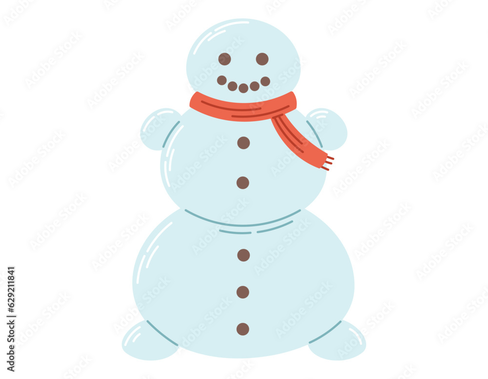 Funny cartoon children winter snowman with knitted scarf. Vector isolated christmas flat fairy tale character.