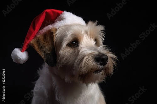 Cute dog in Santa hat celebrates Christmas at home on Christmas eve on black studio background. Winter holidays concept. © Irina Mikhailichenko