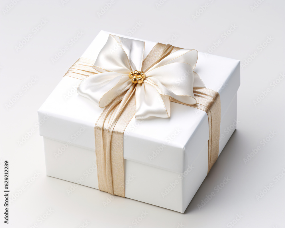 Fototapeta premium A white gift box with a gold ribbon and bow on top on a plain white background.