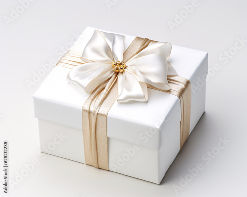 A white gift box with a gold ribbon and bow on top on a plain white background.