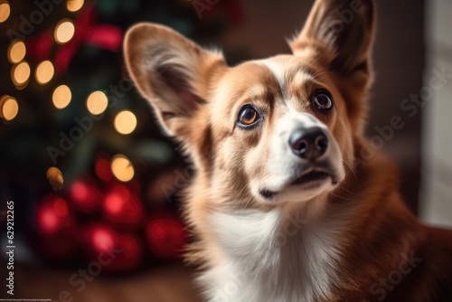 Cute dog corgi in Santa hat celebrates Christmas at home on Christmas eve. © Irina Mikhailichenko