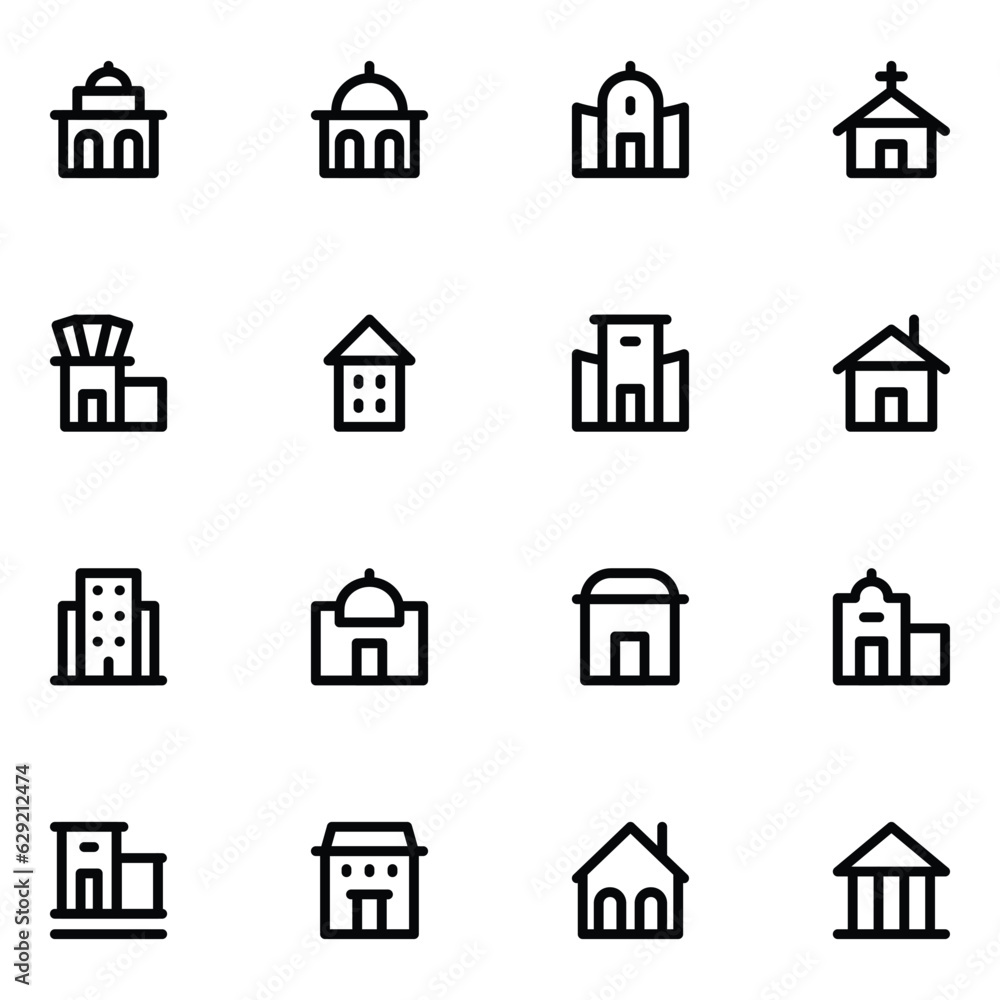 Set of Buildings Bold Line Icons

