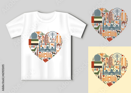 The heart is composed of the traditional symbols of Dubai and United Arab Emirates. Travel concept with t-shirt mockup