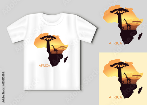 Map of Africa with the landscape of sunset in the Savannah, giraffe, baobab and acacia.
