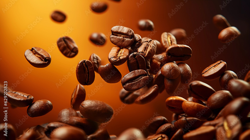 Coffee beans in the air, beautiful background, studio lighting. Coffee beans in the air, beautiful background, studio lighting.