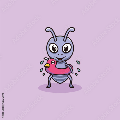 Cute ant wearing duck floater cartoon illustration