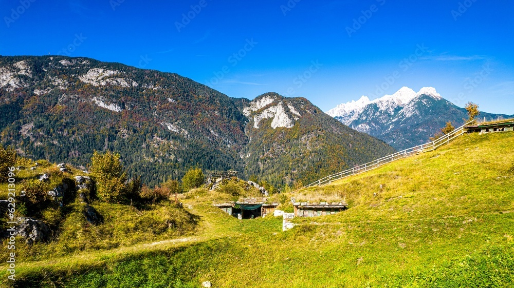 Idyllic mountain landscape featuring vibrant green hues, contrasted against snow-capped peaks