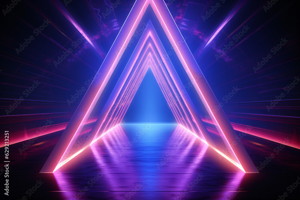 Neon light abstract background. Triangle tunnel or corridor violet neon glowing lights. Laser lines and LED technology create glow in dark room. Cyber club neon light stage room. Neon light abstract background. Triangle tunnel or corridor violet neon glowing lights. Laser lines and LED technology create glow in dark room. Cyber club neon light stage room.