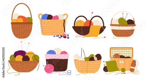 Baskets with wool yarn balls, crochets and knitting needles set vector illustration. Cartoon isolated wicker or bamboo retro basket with clews of thread and handicraft tools to knit woolen scarf
