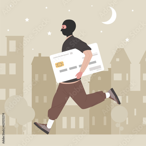 Credit card theft vector illustration. Cartoon male thief character in hoodie and mask holding stolen big card, man stealing personal data and identity in bank, criminal running down city street