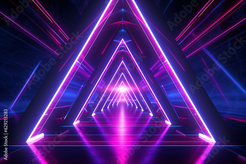 Fototapeta Naklejka Na Ścianę i Meble -  Neon light abstract background. Triangle tunnel or corridor violet neon glowing lights. Laser lines and LED technology create glow in dark room. Cyber club neon light stage room.