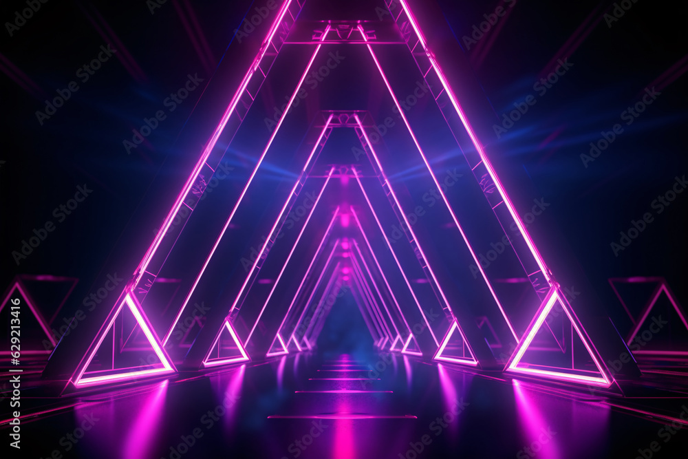 Neon light abstract background. Triangle tunnel or corridor violet neon glowing lights. Laser lines and LED technology create glow in dark room. Cyber club neon light stage room. Neon light abstract background. Triangle tunnel or corridor violet neon glowing lights. Laser lines and LED technology create glow in dark room. Cyber club neon light stage room.