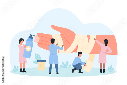 Medical care for hand injury vector illustration. Cartoon tiny people bandage huge injured hand of patient with wound or sprain, doctors treat physical ache of wrist and arm with plaster dressing